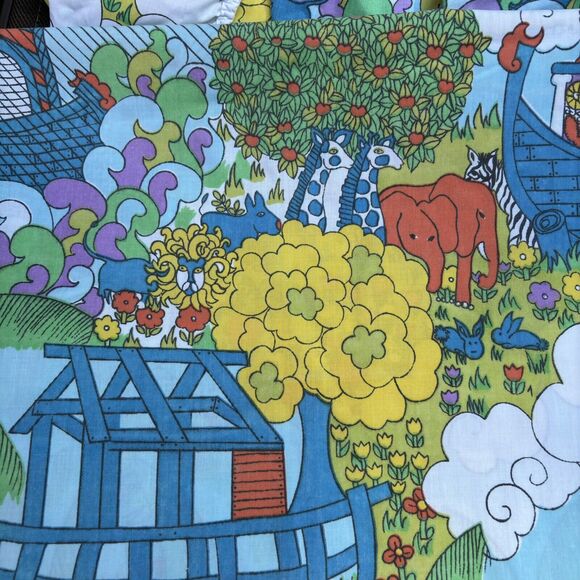 Vtg Sears Childrens Noah Ark 60s 70s Twin Bed Fitted & Flat Sheet Set Color READ - Picture 9 of 12